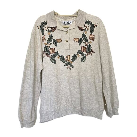 Vtg Fall Henley Sweater Womens XL Leaves Boho Collared Beige Autumn Polo Cottage - Picture 1 of 9